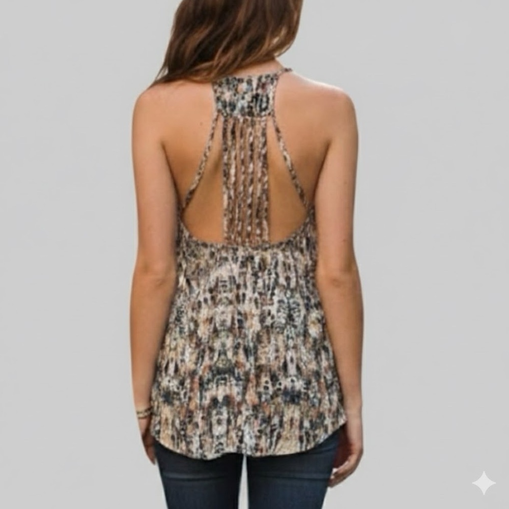 𝅺PLANET Blue flowy Boho feather top beige XSMALL sleeveless NEW